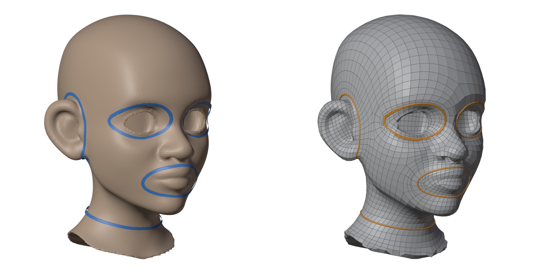 Left: rings round the ears and the neck added. Right: the result