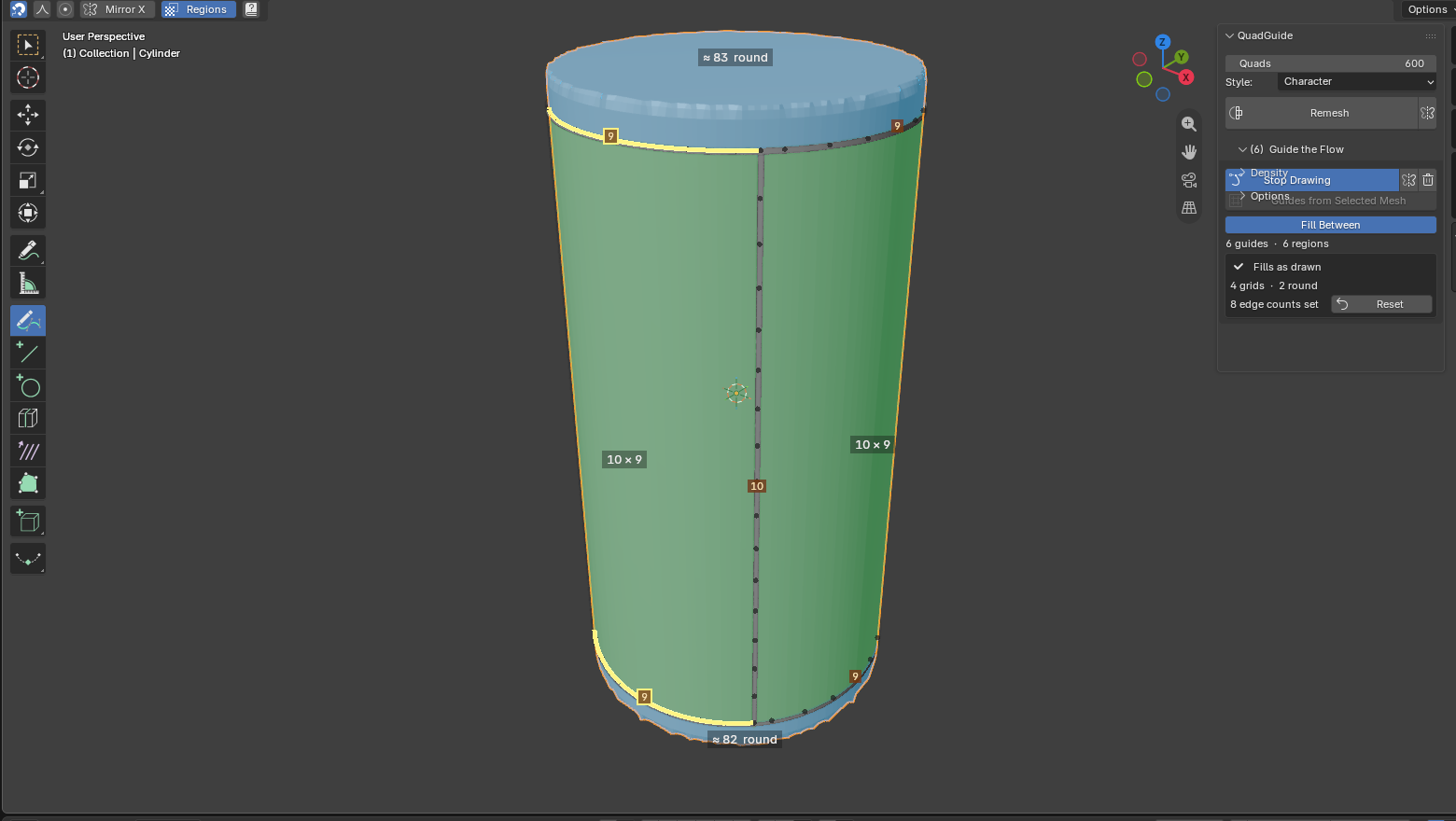 The cylinder's spans: the top ring set to 9, the sides to 10, the strip under the mouse lit