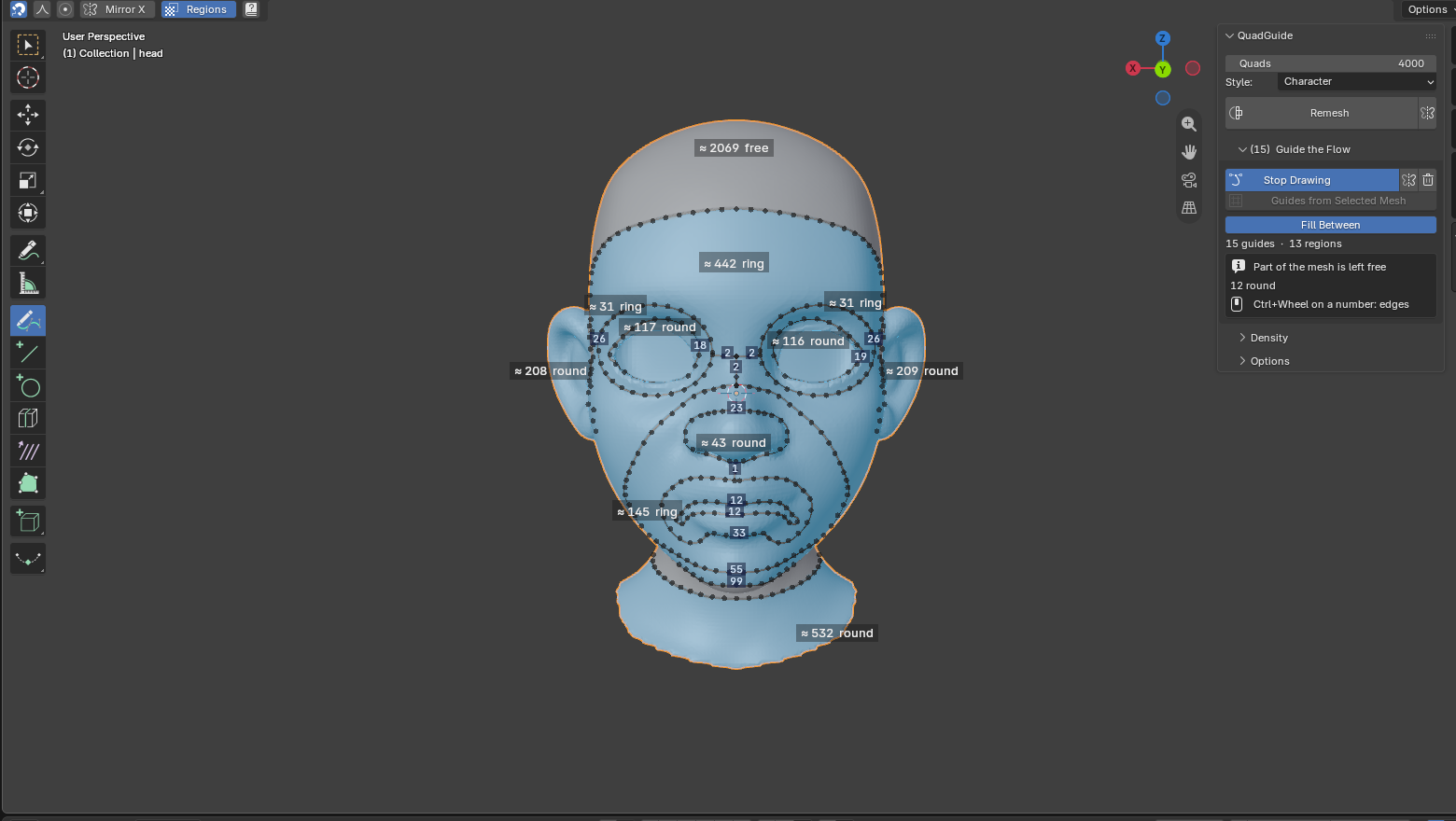 The overlay on the face loops: rings and discs, the head round them free