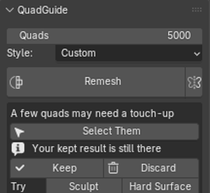 The result card: a few quads may need a touch-up